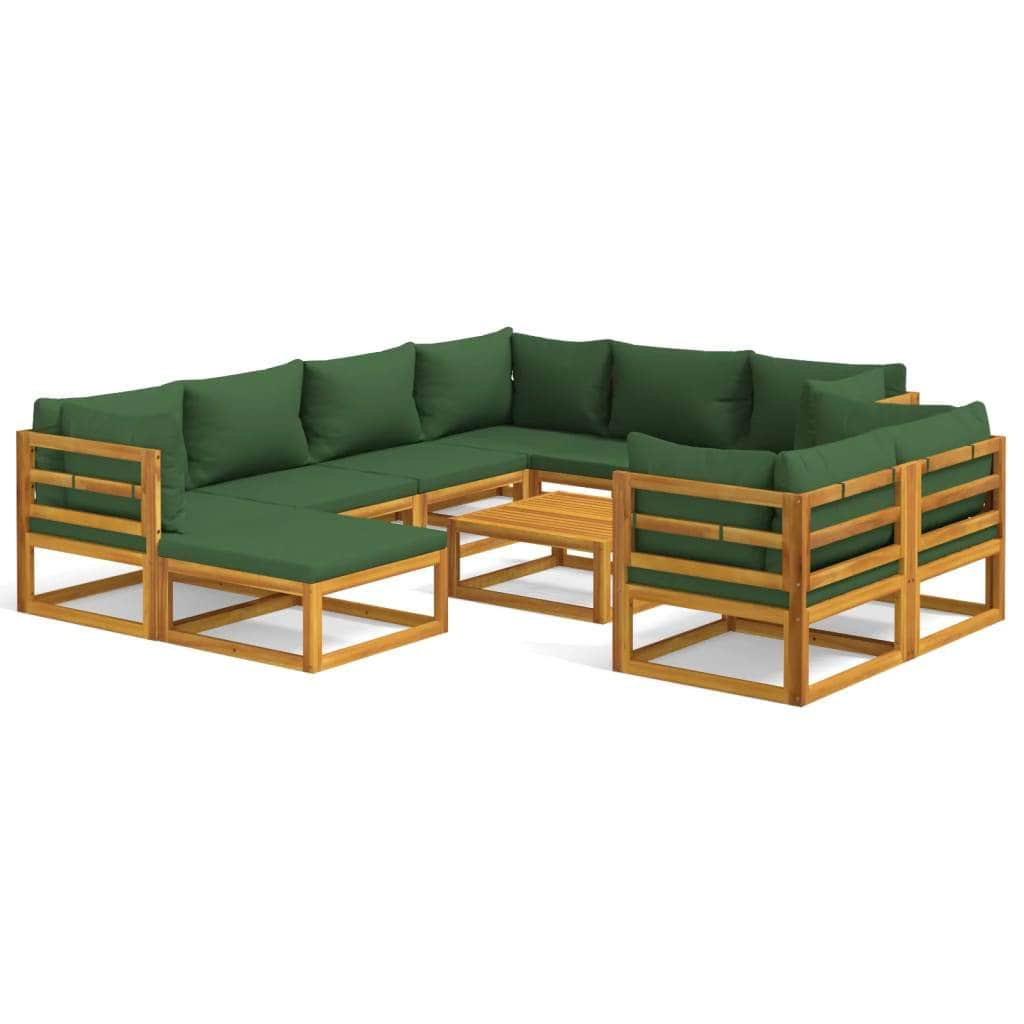 Verdant Venture Decade: 10-Piece Solid Wood Garden Lounge with Green Cushions