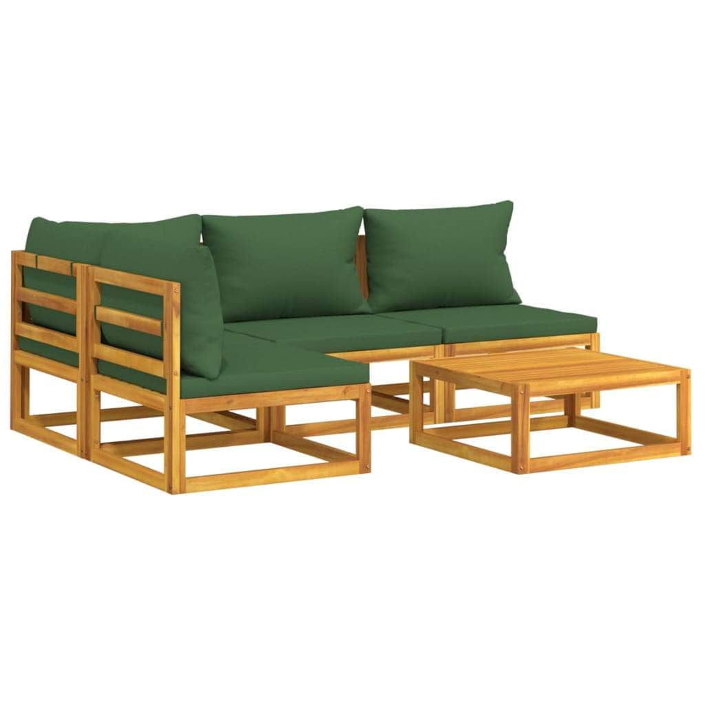 Verdant Vibes Quintet: 5-Piece Solid Wood Garden Lounge with Green Cushions