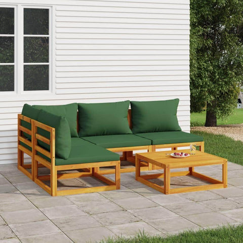 Verdant Vibes Quintet: 5-Piece Solid Wood Garden Lounge with Green Cushions