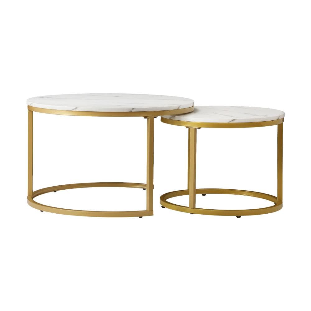 Versatile and Space-Saving: Round Coffee Table Set with White & Gold Marble Tops