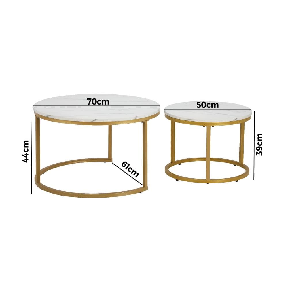 Versatile and Space-Saving: Round Coffee Table Set with White & Gold Marble Tops