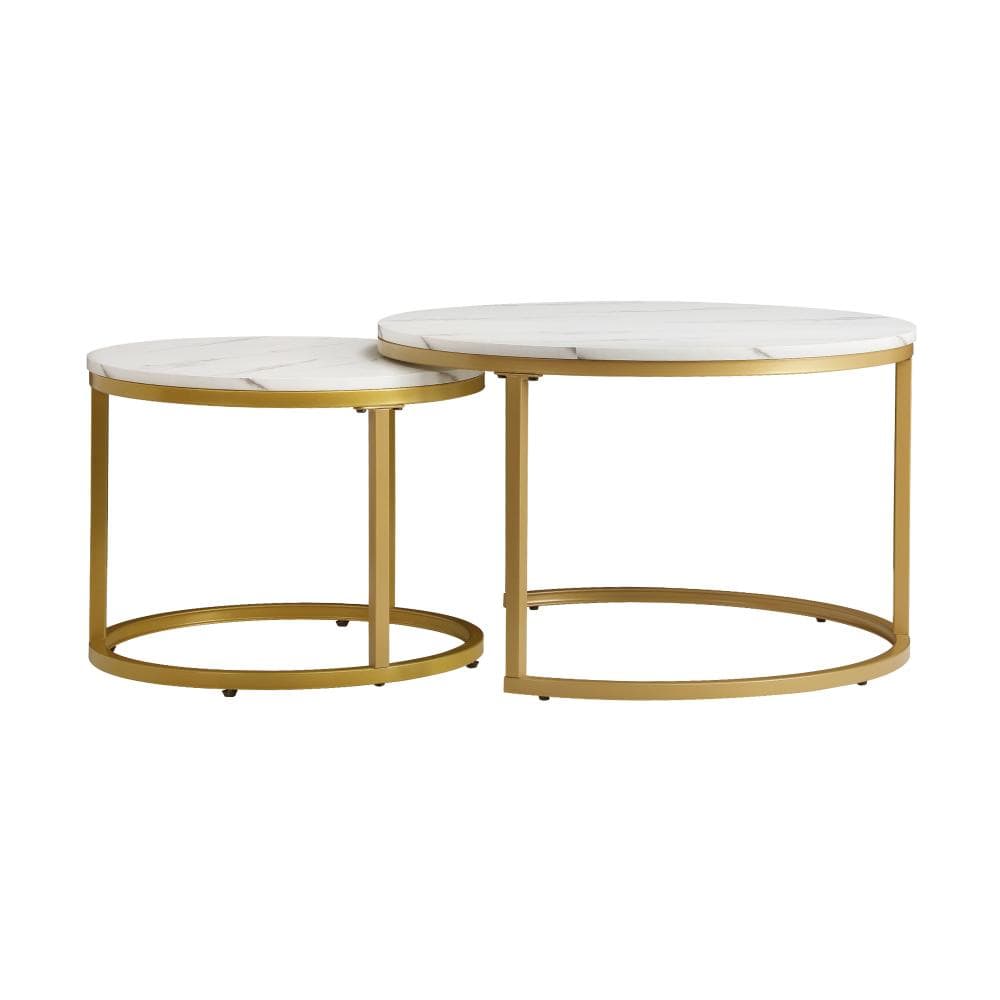 Versatile and Space-Saving: Round Coffee Table Set with White & Gold Marble Tops