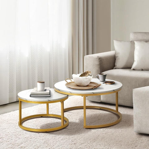 Versatile and Space-Saving: Round Coffee Table Set with White & Gold Marble Tops