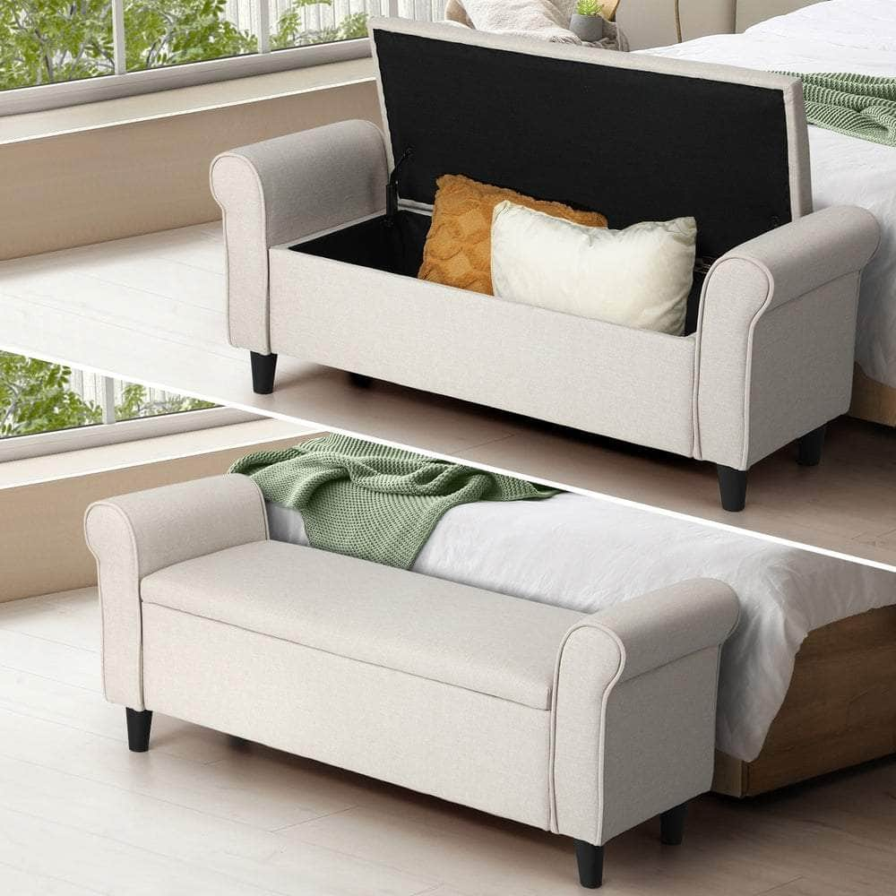 Versatile Blanket Box Foot Stool - Beige/Grey Fabric