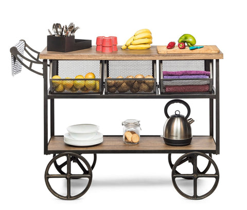 Retro Wooden Kitchen Island Trolley On Wheels With Storage Drawers