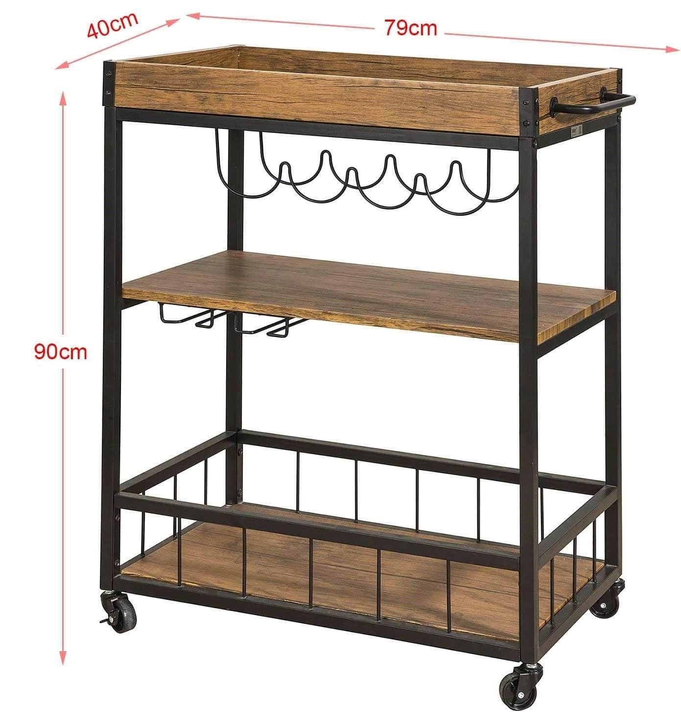 Vintage Style Wood Metal 3 Tiers Kitchen Serving Trolley with Wine Rack (Brown)