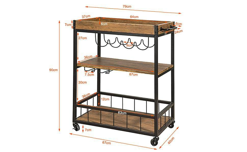 Vintage Style Wood Metal 3 Tiers Kitchen Serving Trolley with Wine Rack (Brown)