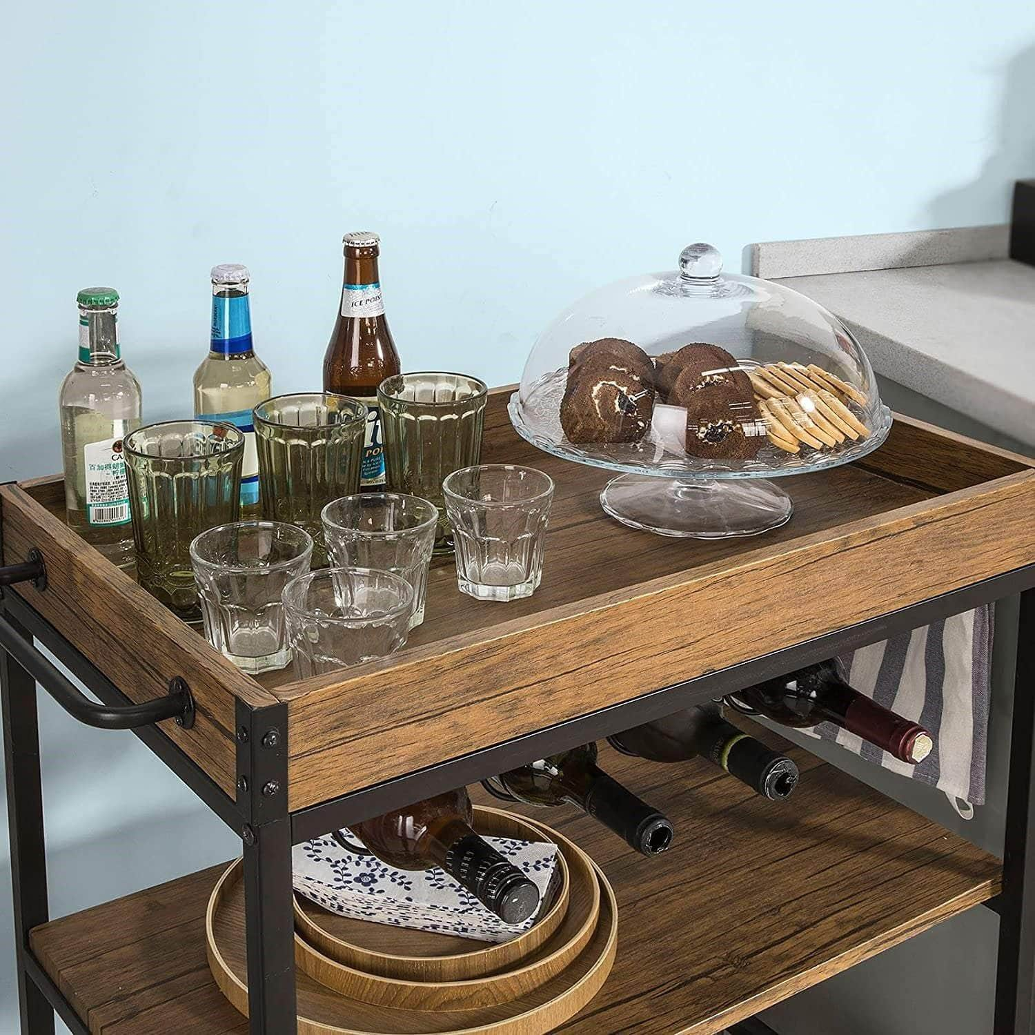 Vintage Style Wood Metal 3 Tiers Kitchen Serving Trolley with Wine Rack (Brown)