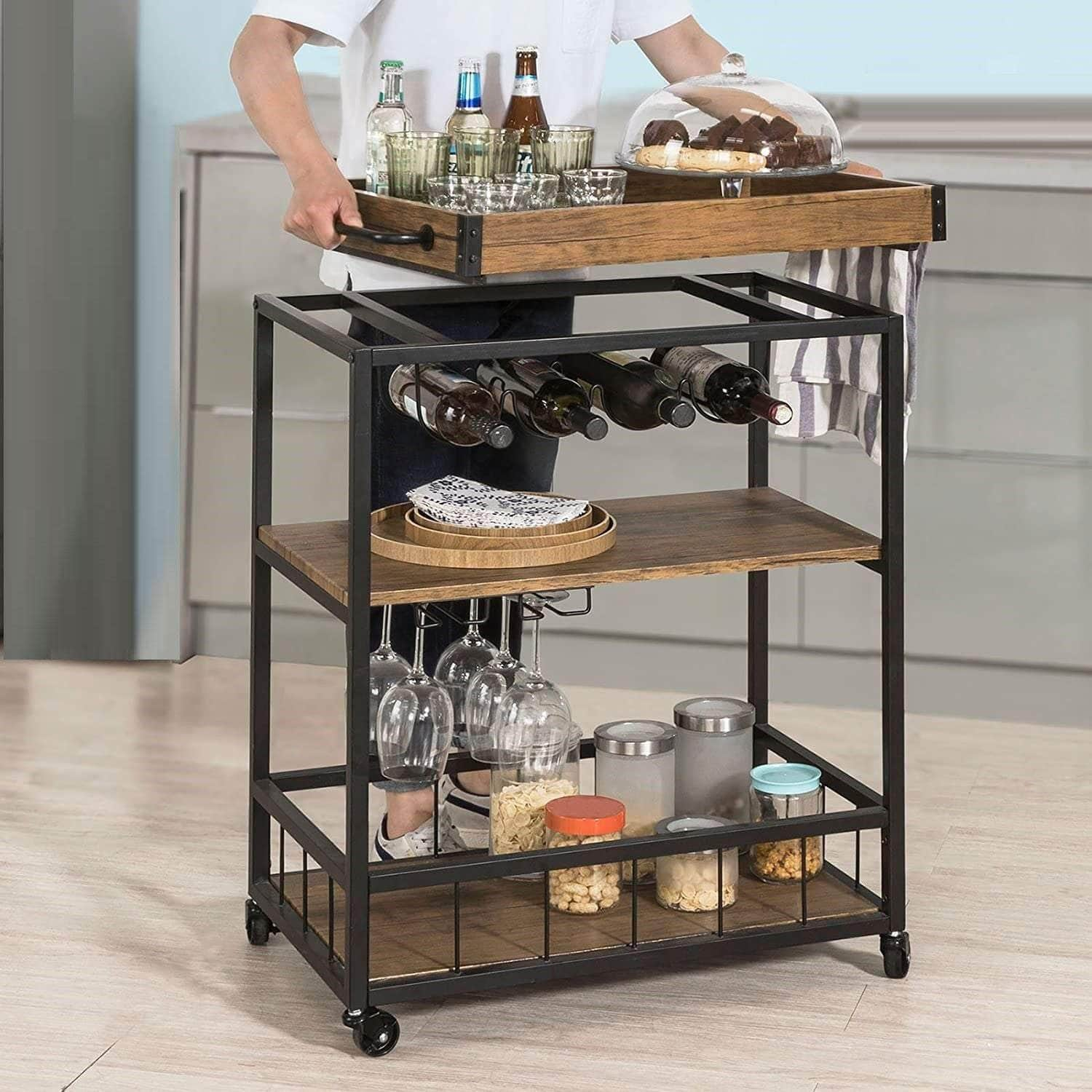 Vintage Style Wood Metal 3 Tiers Kitchen Serving Trolley with Wine Rack (Brown)