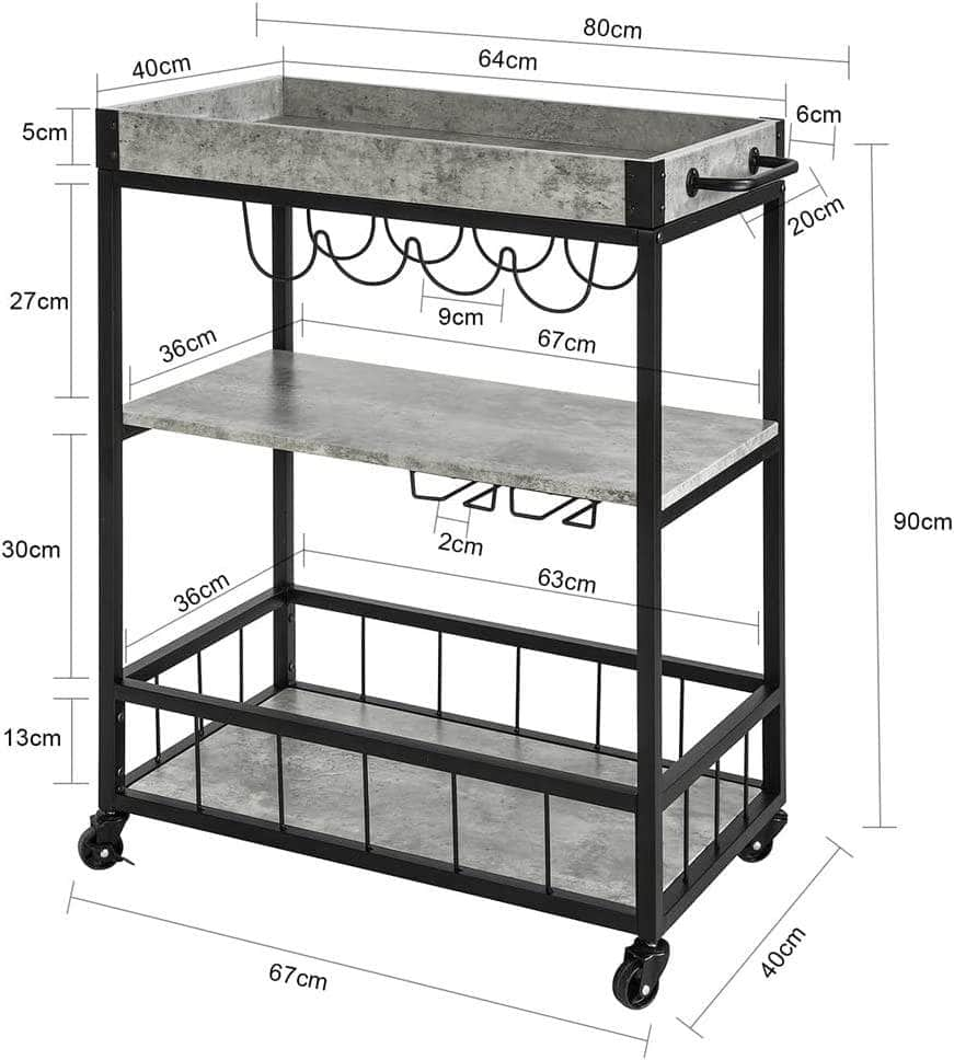 Vintage Style Wood Metal 3 Tiers Kitchen Serving Trolley with Wine Rack (Grey)