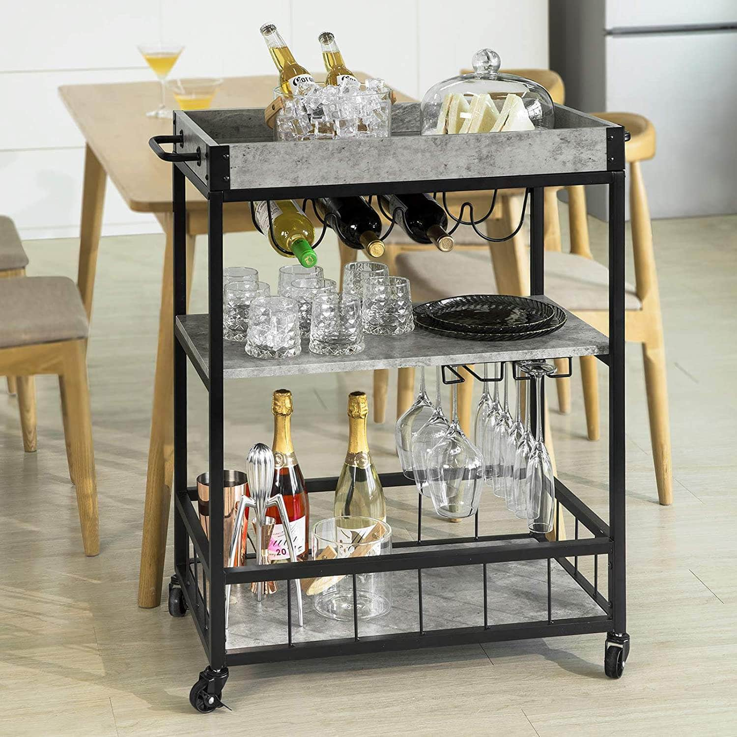 Vintage Style Wood Metal 3 Tiers Kitchen Serving Trolley with Wine Rack (Grey)