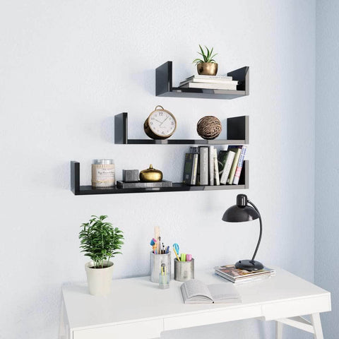 Wall Display Shelf 3 pcs High Gloss Black Chipboard