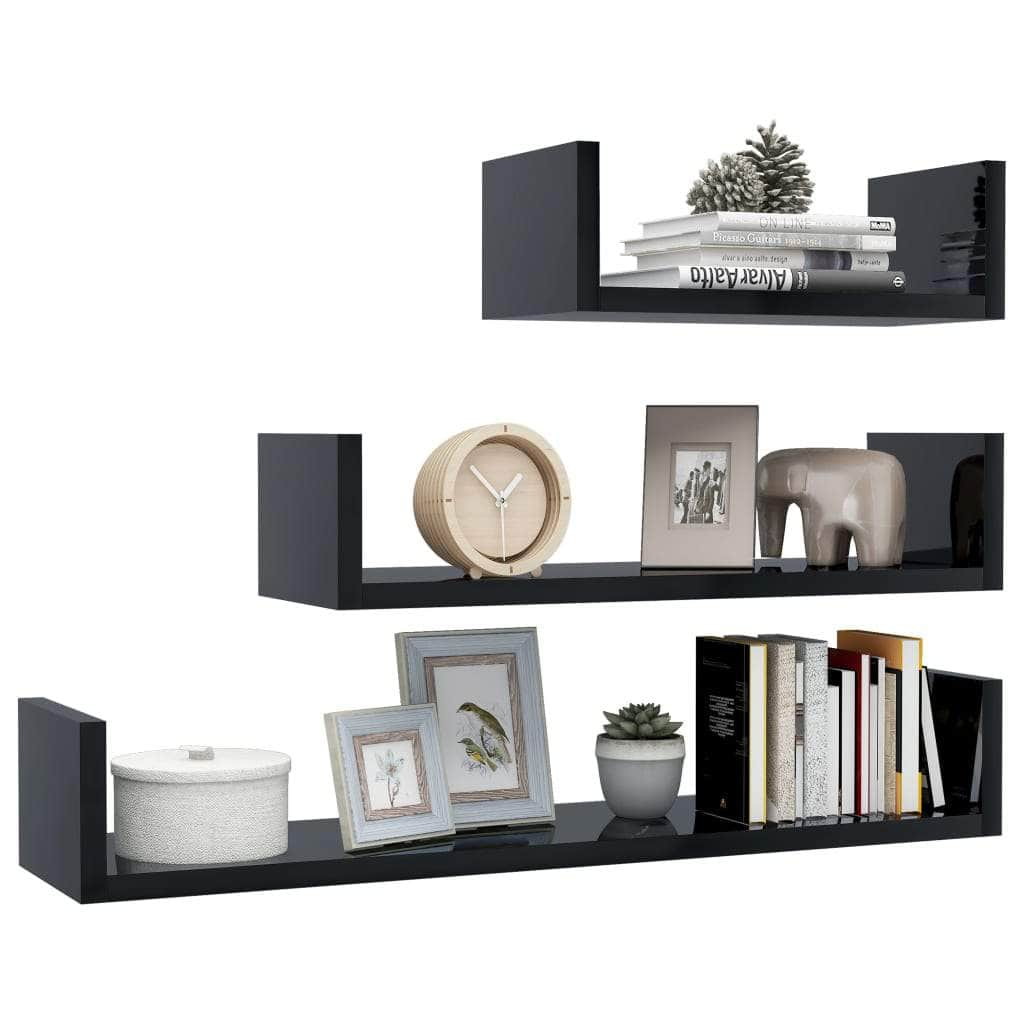 Wall Display Shelf 3 pcs High Gloss Black Chipboard