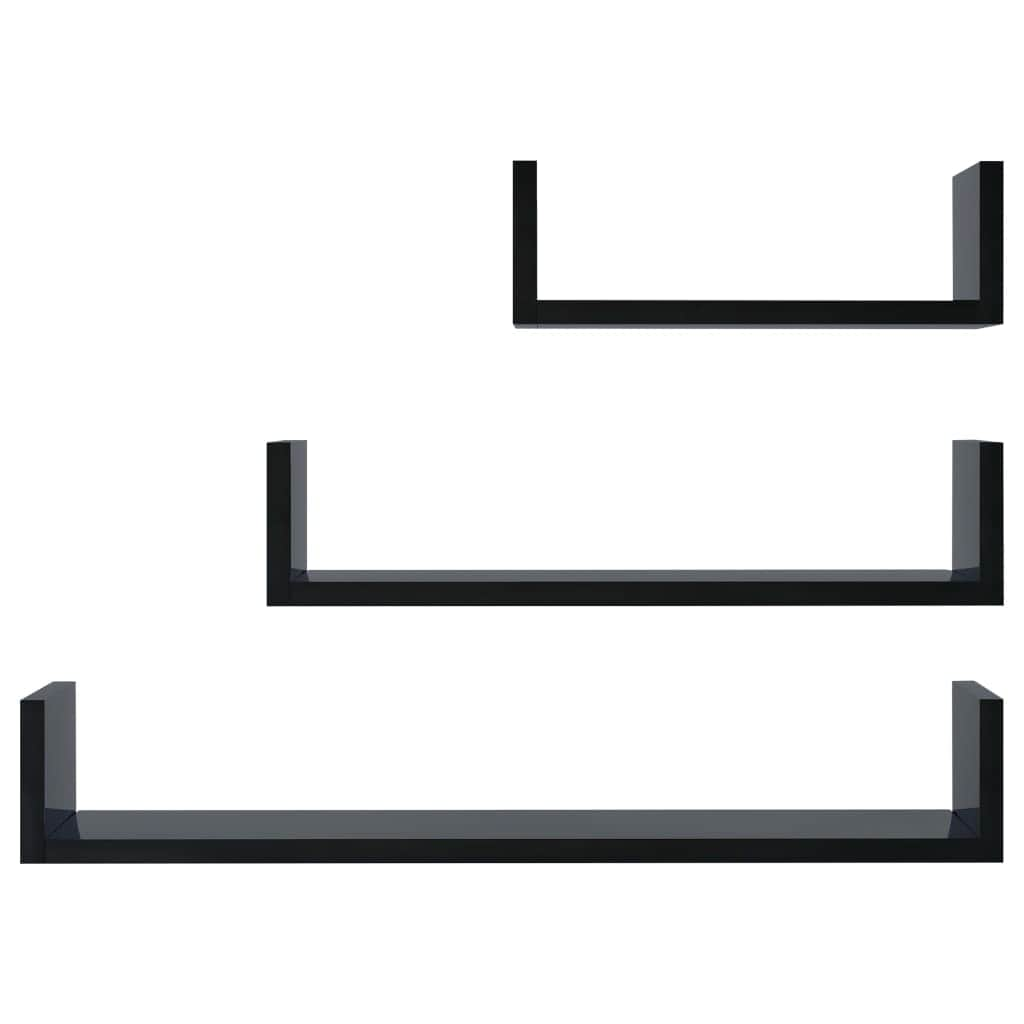 Wall Display Shelf 3 pcs High Gloss Black Chipboard