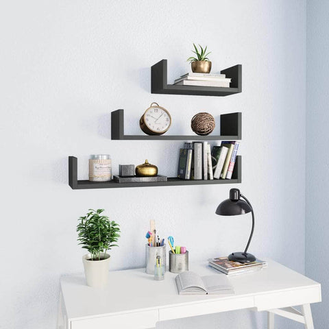 Wall Display Shelf 3 pcs High Gloss Grey Chipboard