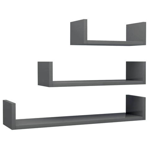 Wall Display Shelf 3 pcs High Gloss Grey Chipboard