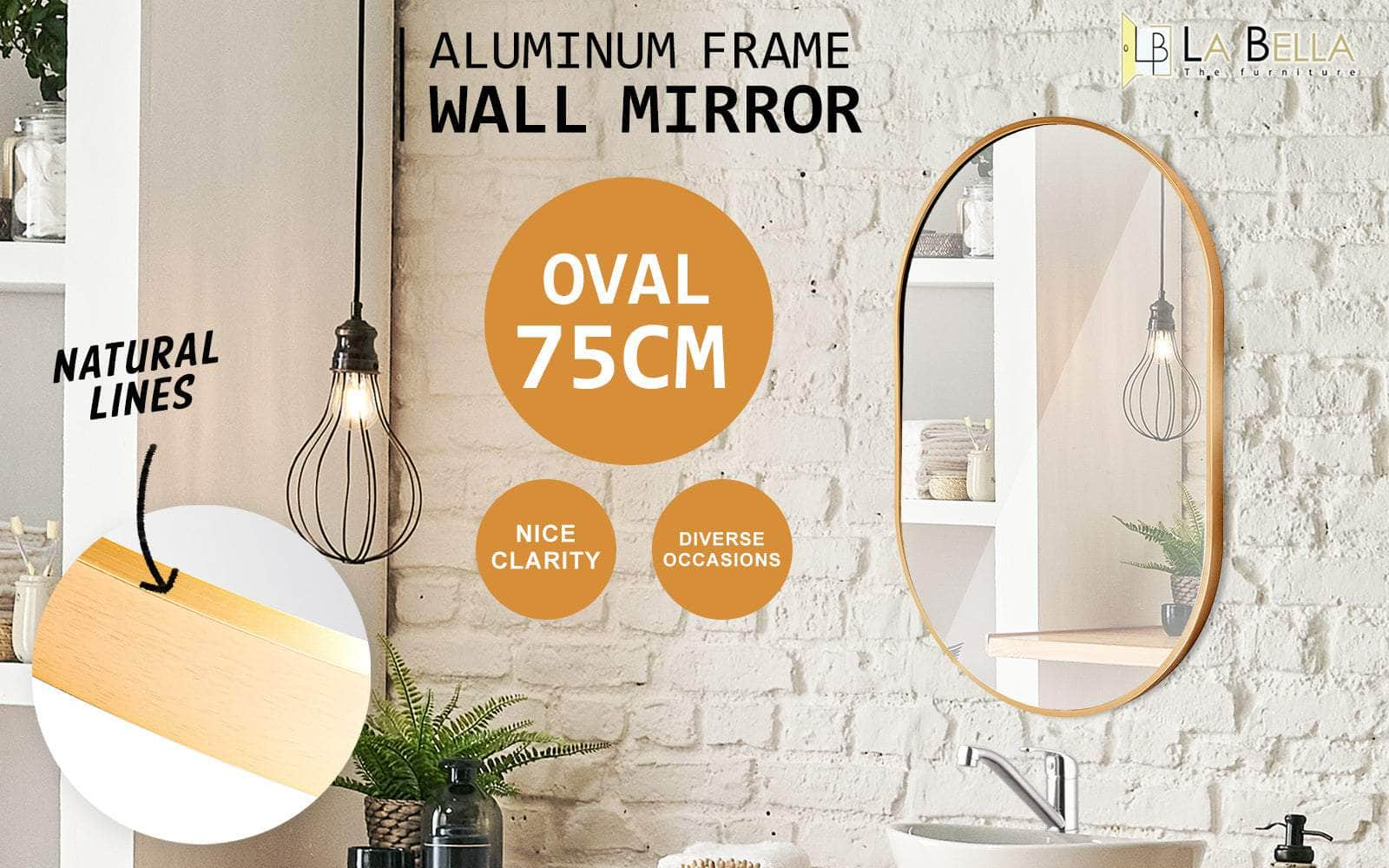 Wall Mirror Oval Aluminum Frame Bathroom 50x75cm GOLD