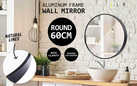 Wall Mirror Round Aluminum Frame Bathroom 60cm BLACK