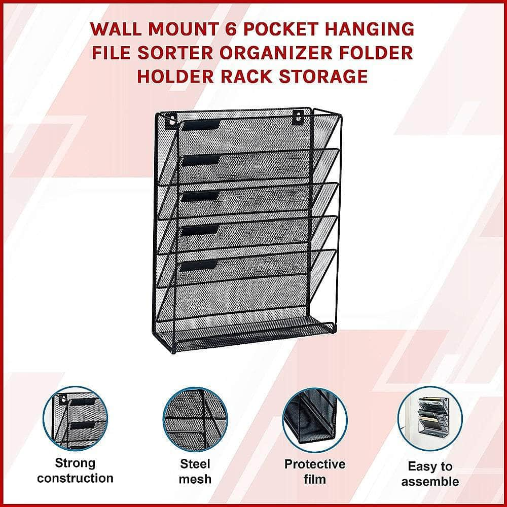 Wall Mount 6 Pocket Hanging File Sorter Organizer Folder Holder