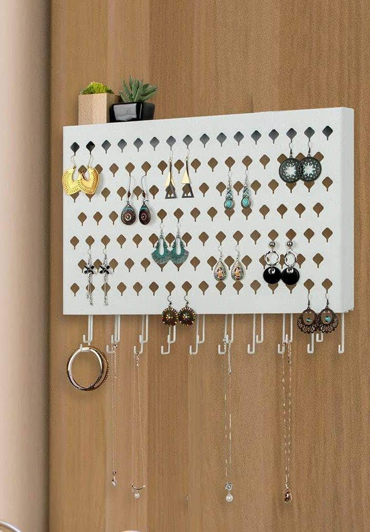 Wall Mount Earring Jewelry Hanger Organizer Holder with 109 Holes and 19 Hooks White