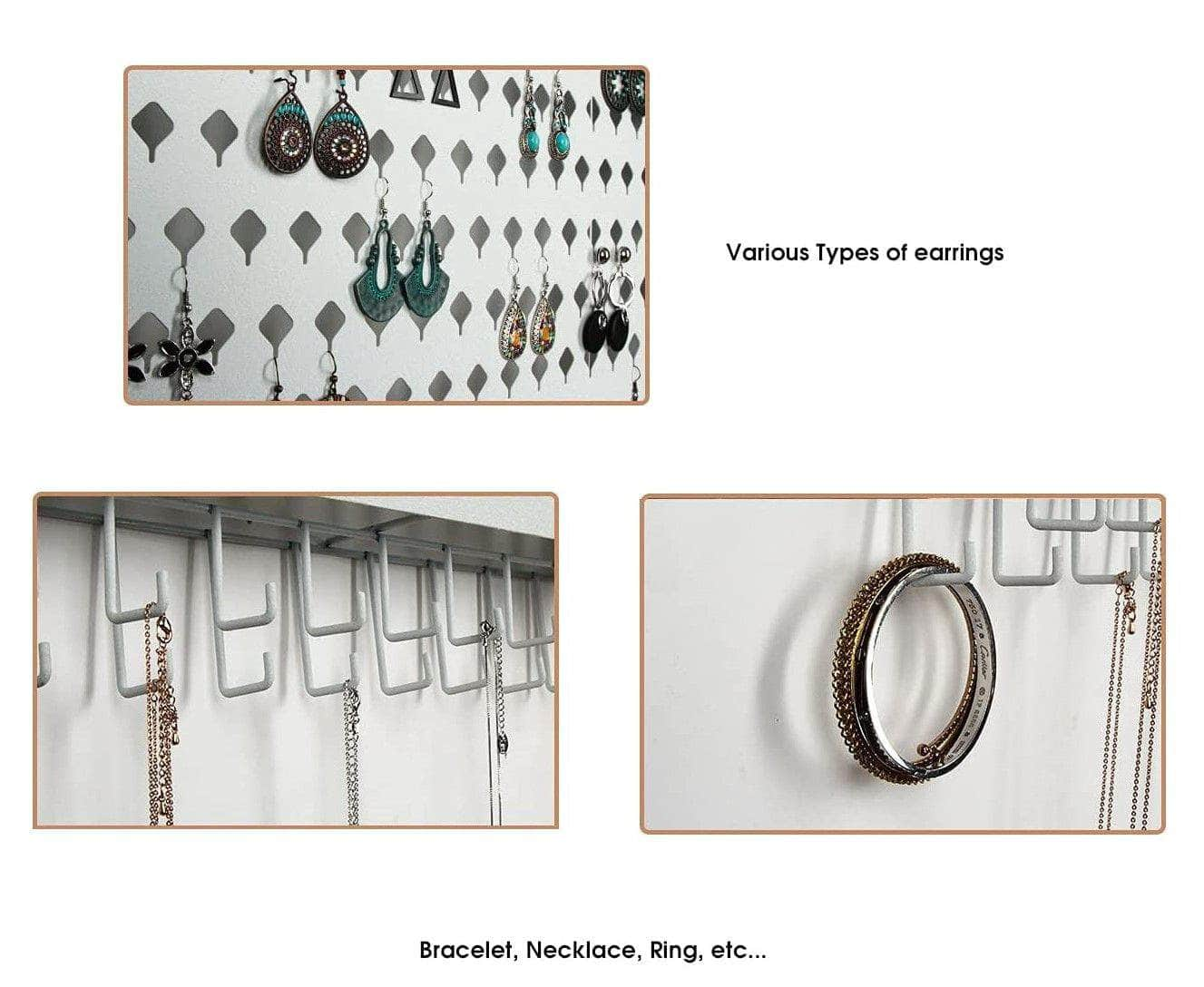 Wall Mount Earring Jewelry Hanger Organizer Holder with 109 Holes and 19 Hooks White