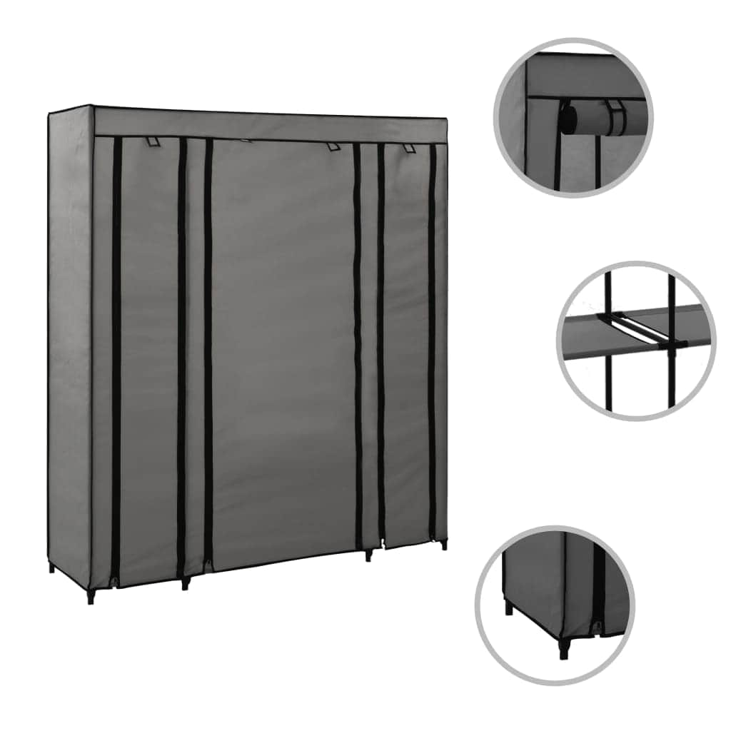 Wardrobe with Compartments and Rods- Grey