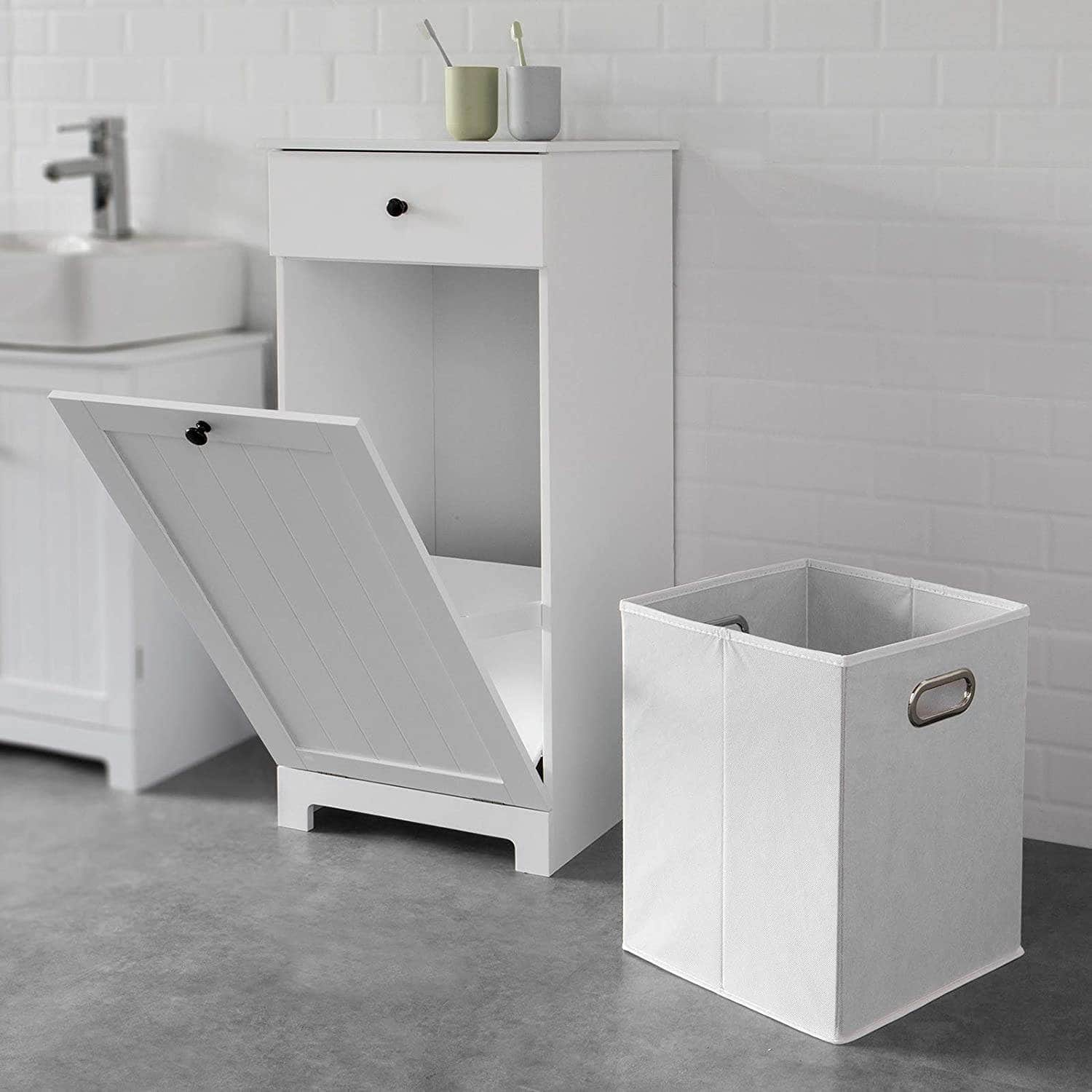 White Bathroom Cabinet With Laundry Basket And Drawer