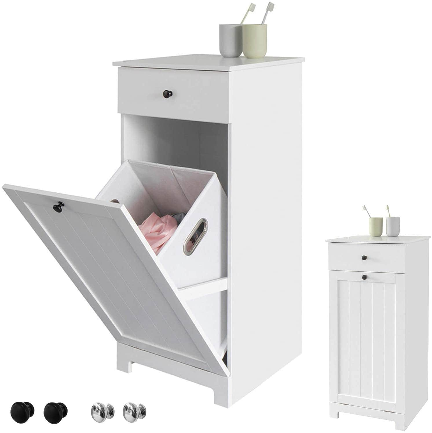 White Bathroom Cabinet With Laundry Basket And Drawer