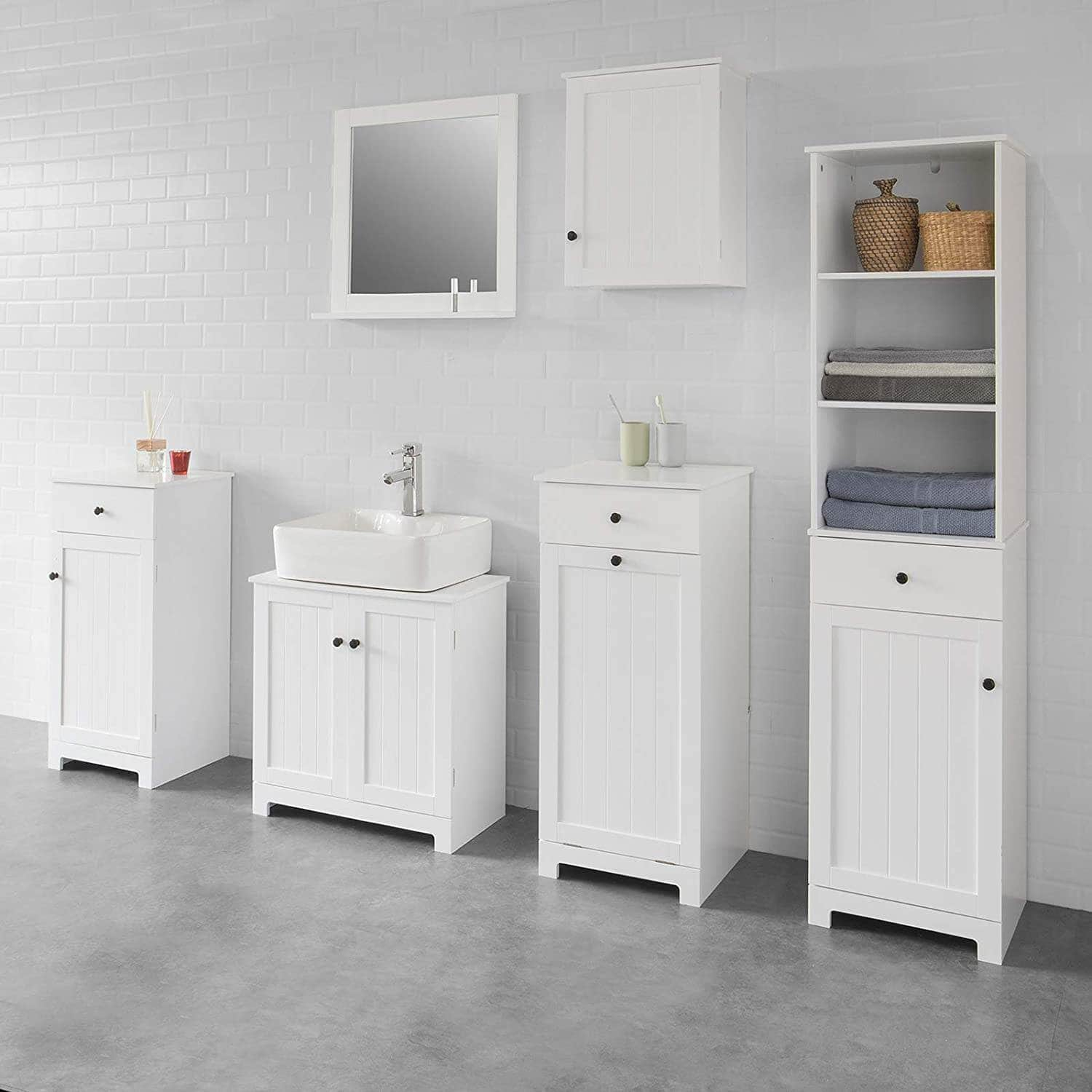 White Bathroom Cabinet With Laundry Basket And Drawer