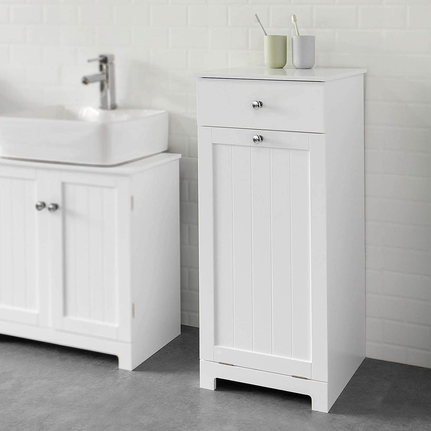 White Bathroom Cabinet With Laundry Basket And Drawer