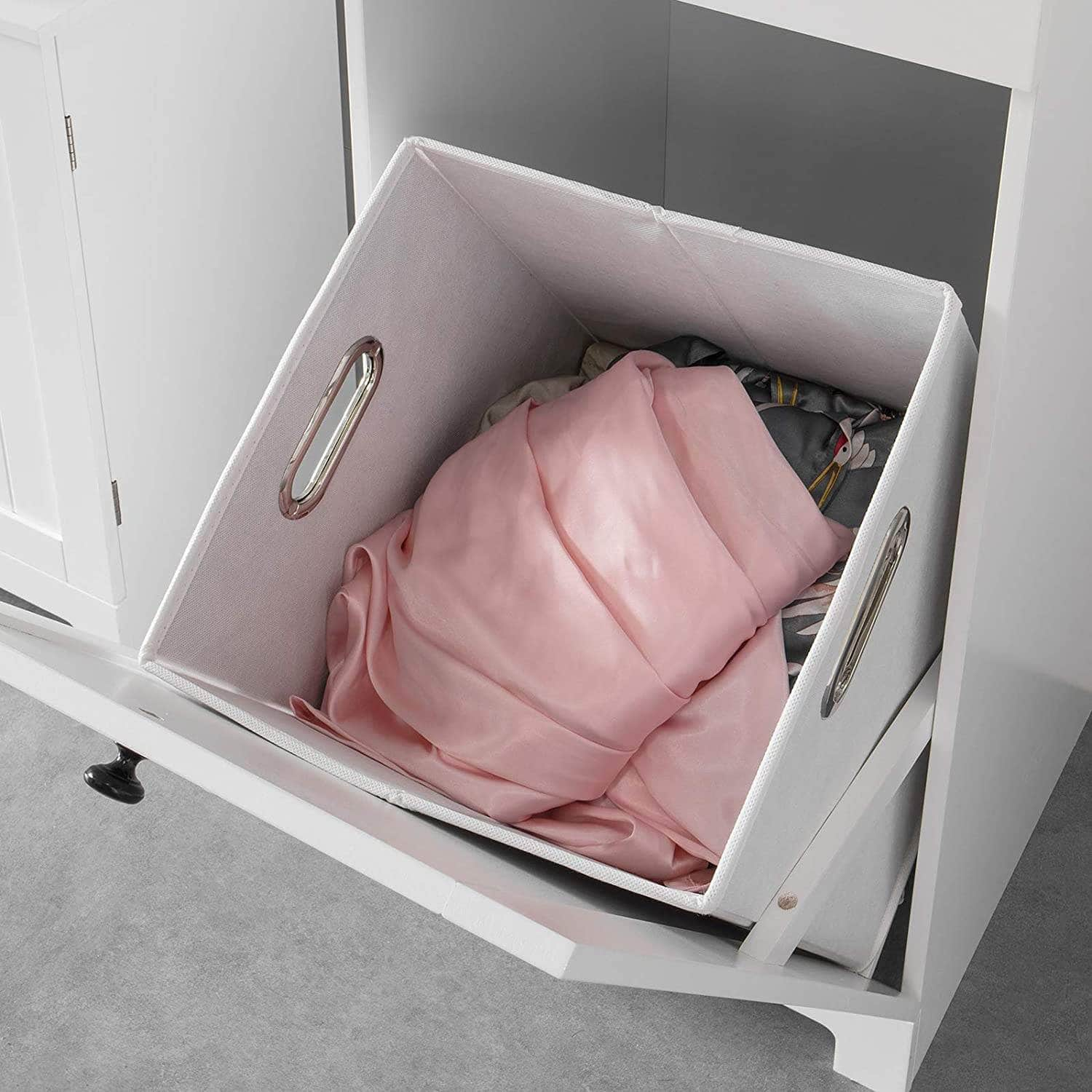 White Bathroom Cabinet With Laundry Basket And Drawer