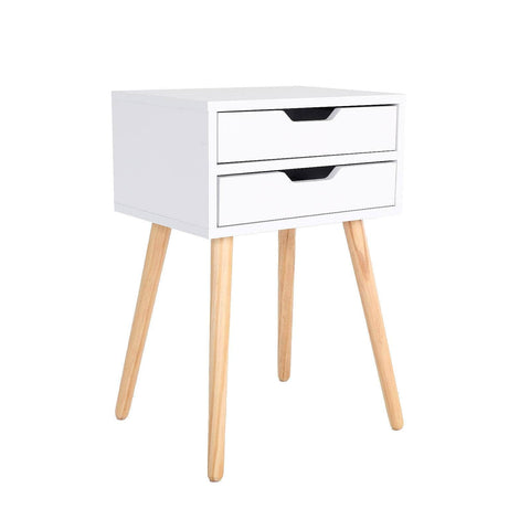 White Bedside Table with 2 Drawers and Wood Legs