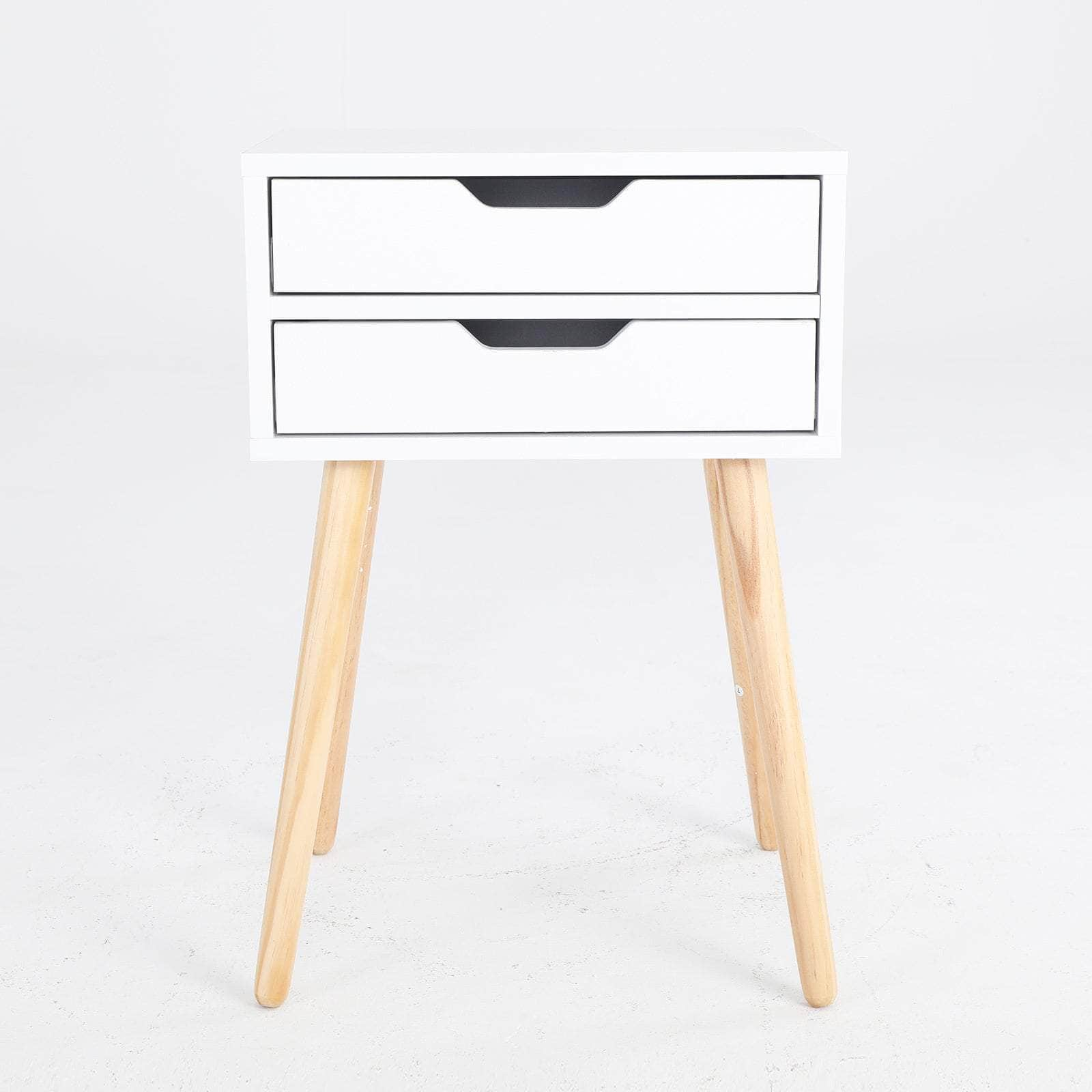 White Bedside Table with 2 Drawers and Wood Legs