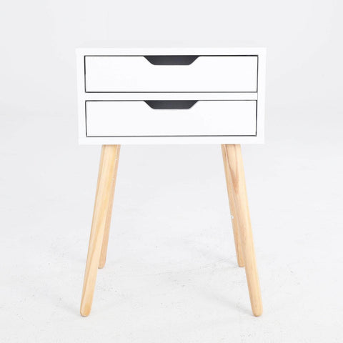 White Bedside Table with 2 Drawers and Wood Legs