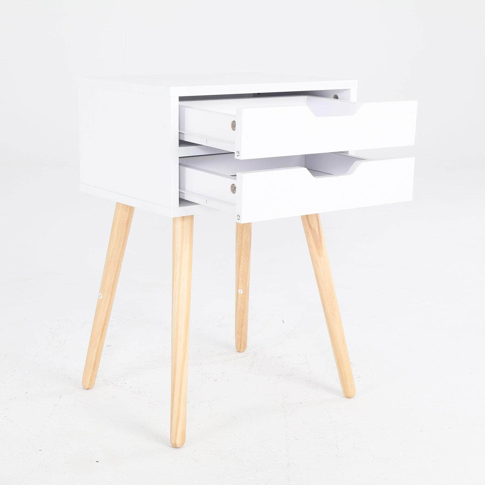 White Bedside Table with 2 Drawers and Wood Legs