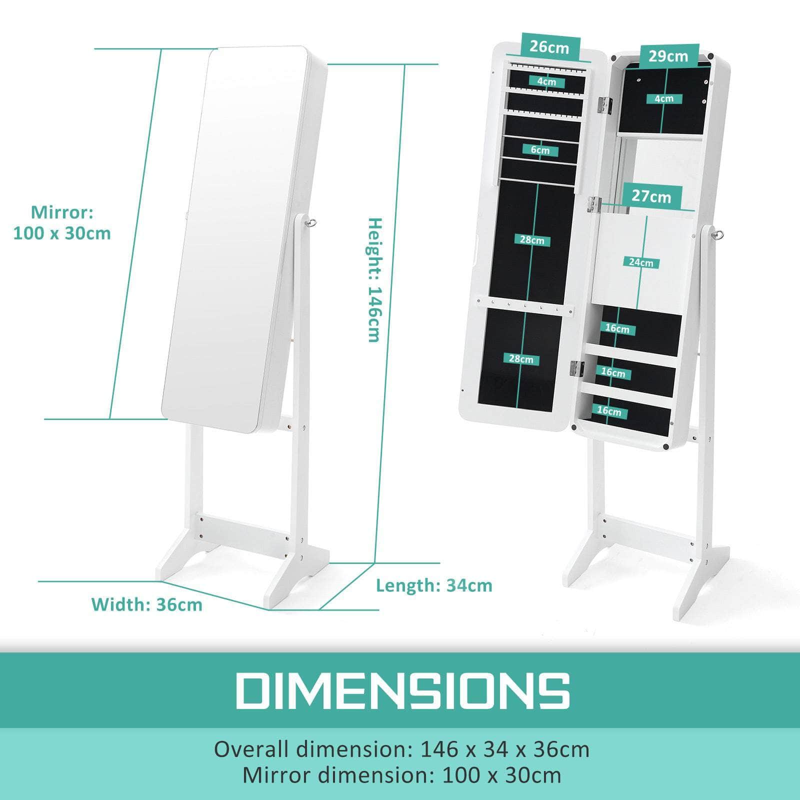 White/Black Mirror Jewellery Cabinet Flashy 146Cm Organiser Led