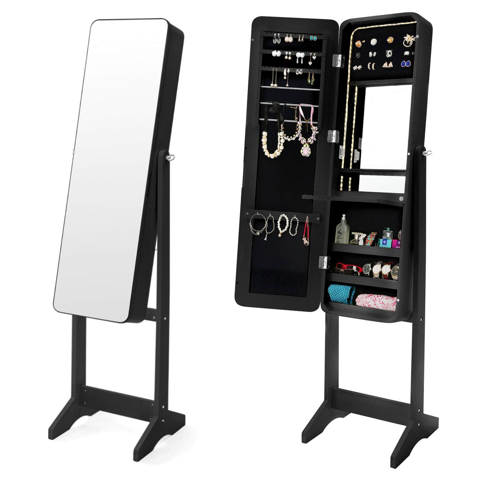 White/Black Mirror Jewellery Cabinet Flashy 146Cm Organiser Led