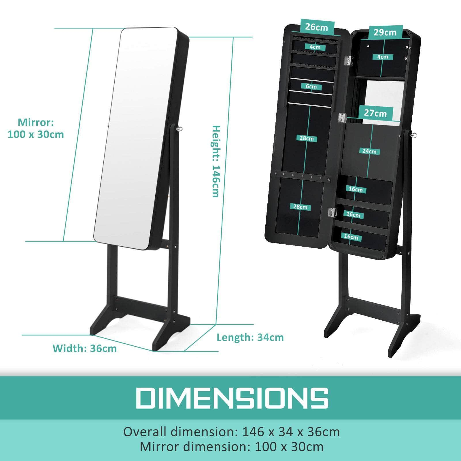 White/Black Mirror Jewellery Cabinet Flashy 146Cm Organiser Led