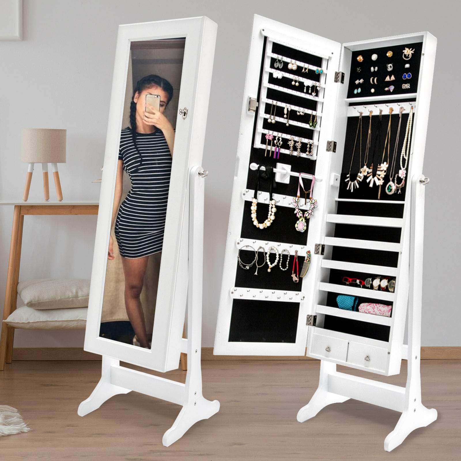 White/Black Mirror Jewellery Cabinet Lowe 146Cm Organiser 2 Drawers