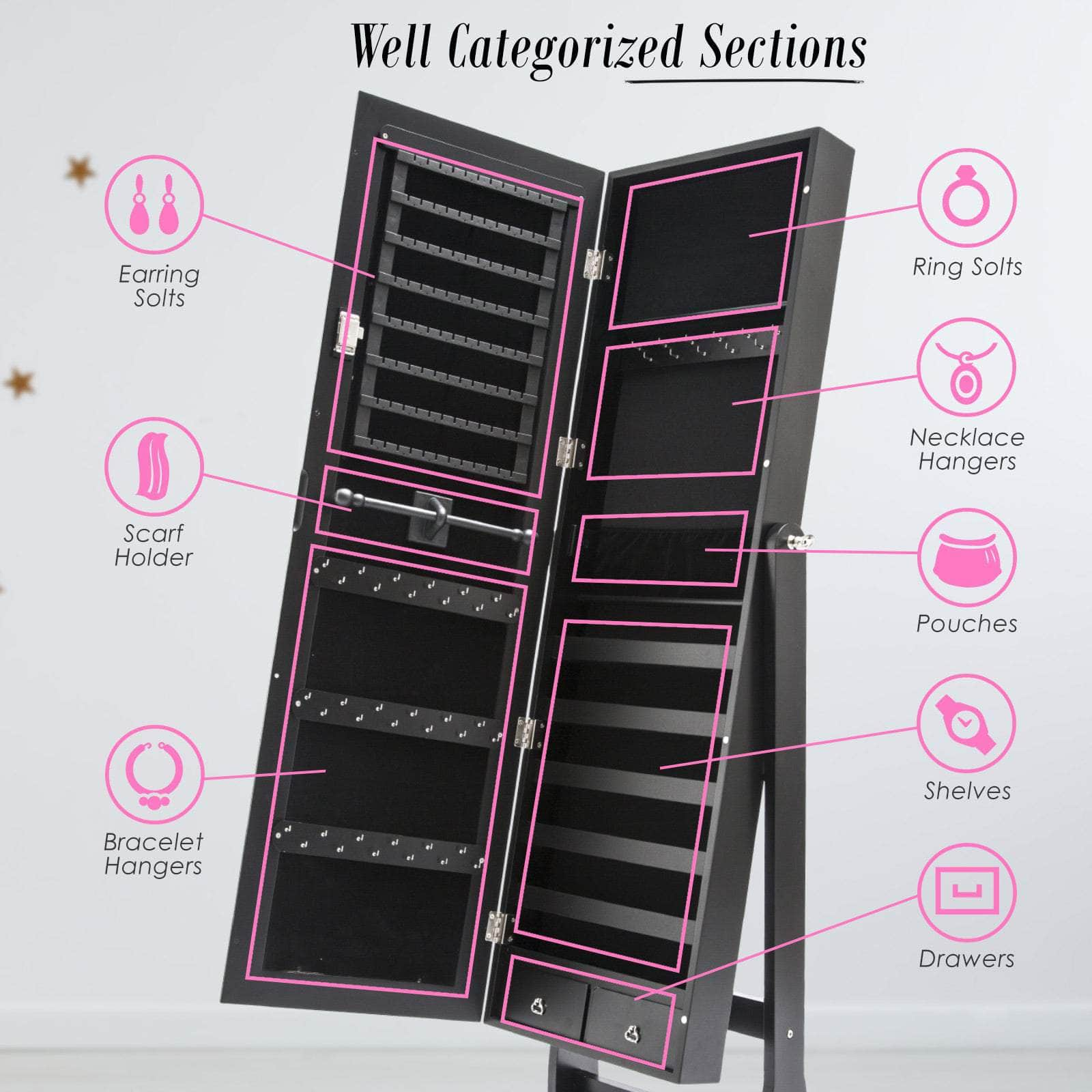 White/Black Mirror Jewellery Cabinet Lowe 146Cm Organiser 2 Drawers