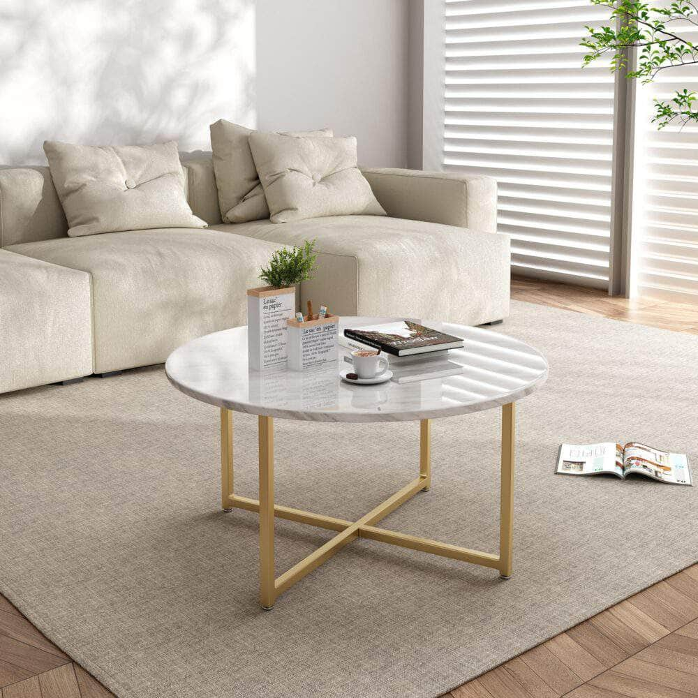 White Marble Effect Round Coffee Table With Gold Legs