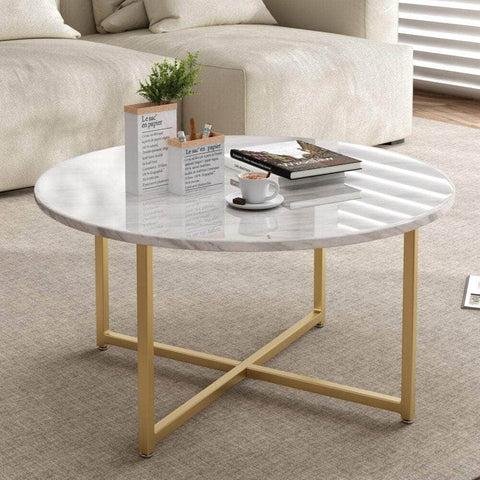 White Marble Effect Round Coffee Table With Gold Legs