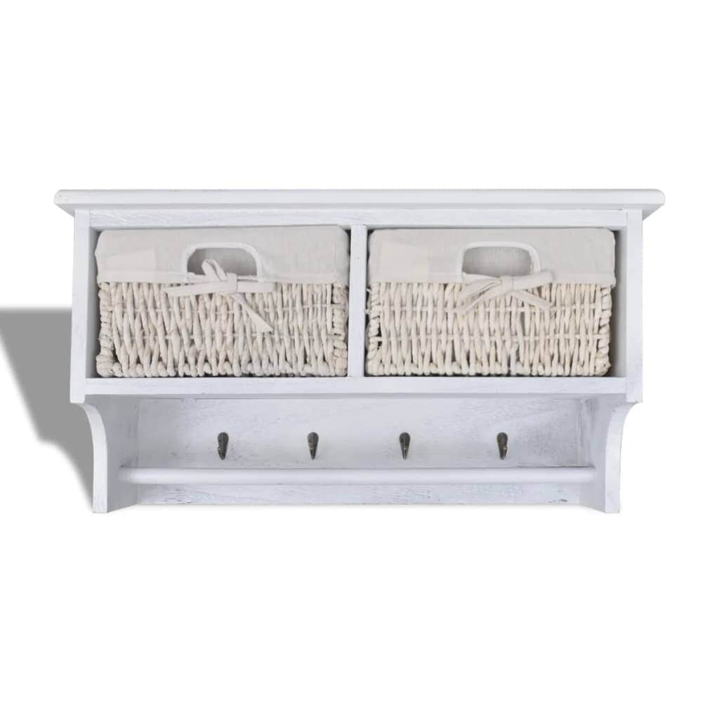 White Wooden Wall Shelf With Hangers 2 Weaving Baskets 4 Hooks