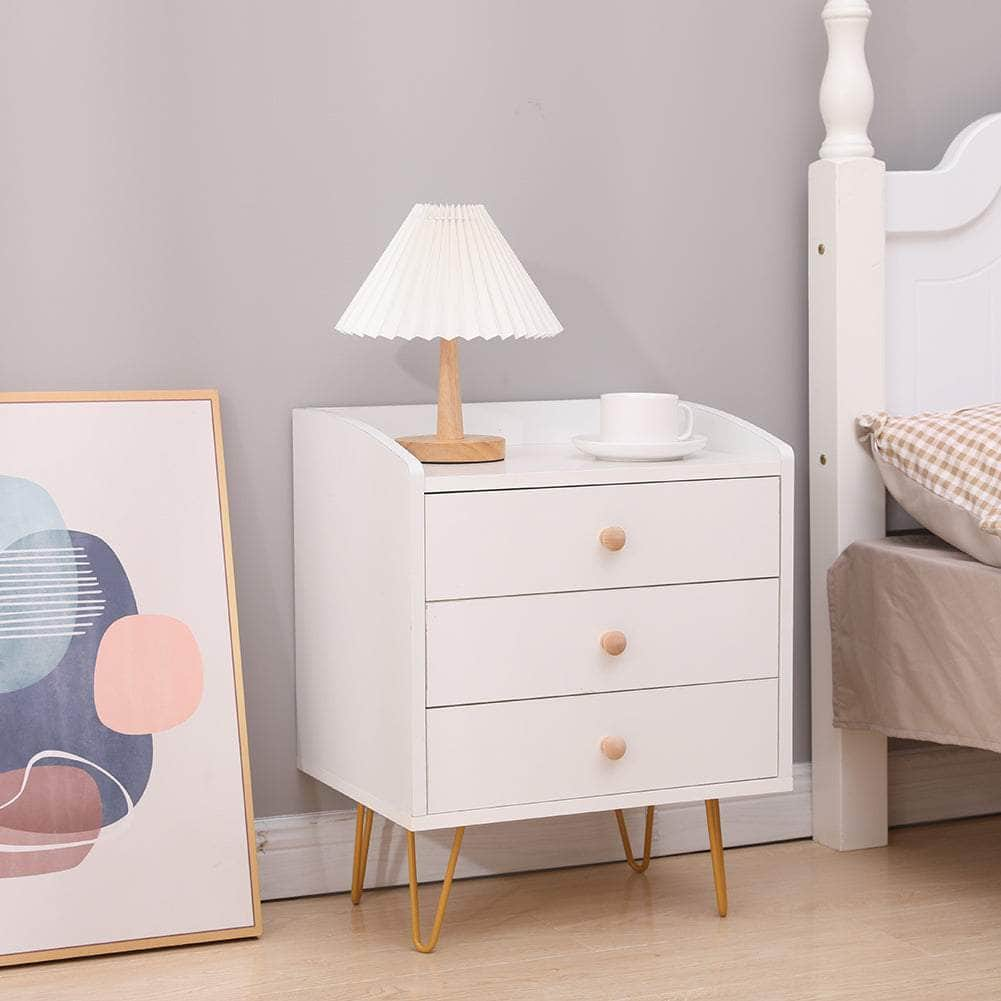 Winston 3-Drawer Nightstand Bedside Table with Gold Steel Legs Tray Top White