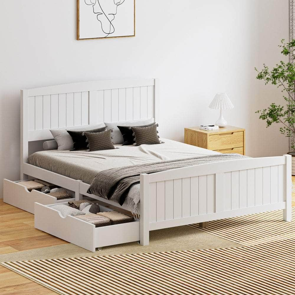 Wooden Bed Frame with Trundle Drawers White