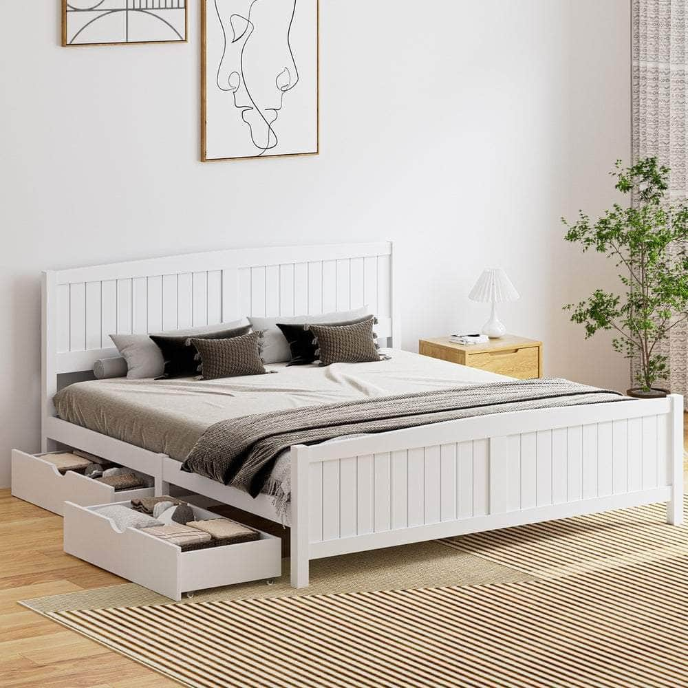 Wooden Bed Frame with Trundle Drawers White