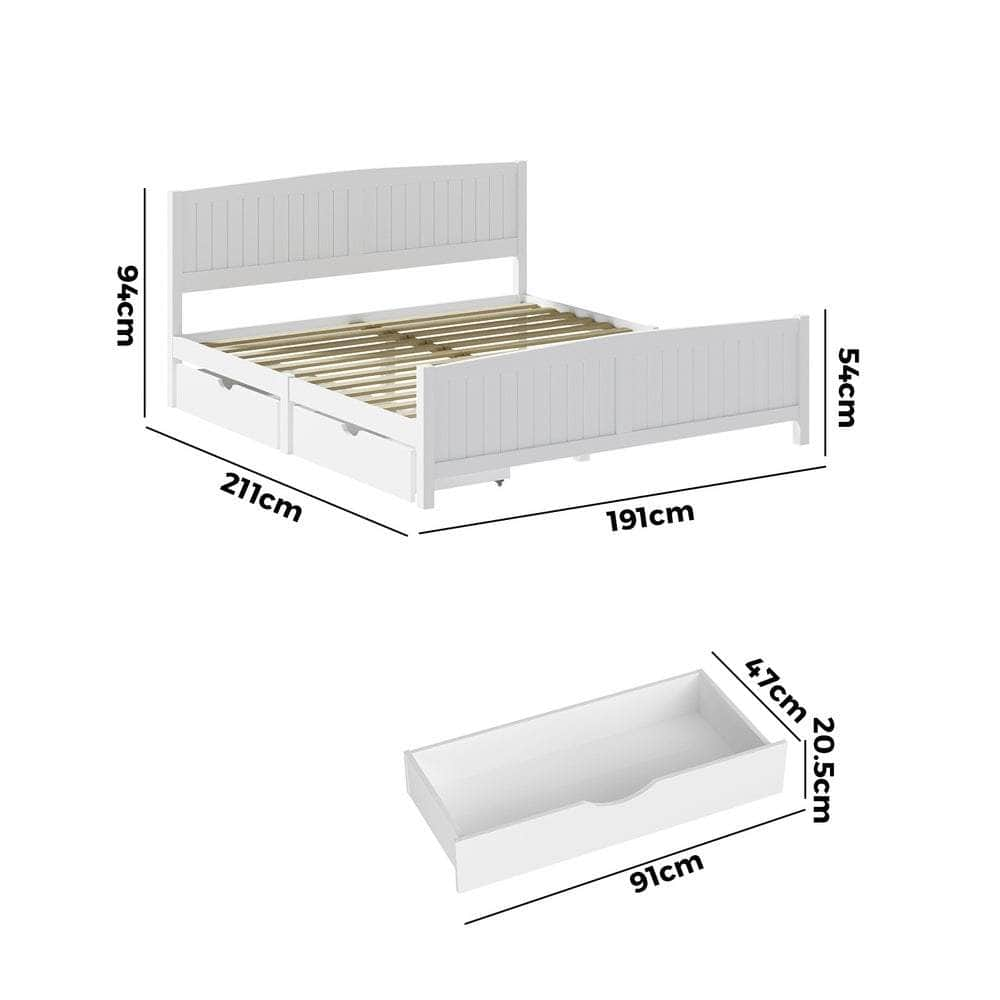 Wooden Bed Frame with Trundle Drawers White