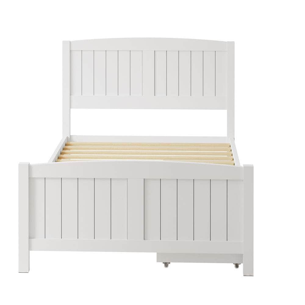 Wooden Bed Frame with Trundle Drawers White