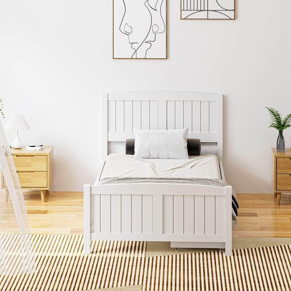 Wooden Bed Frame with Trundle Drawers White