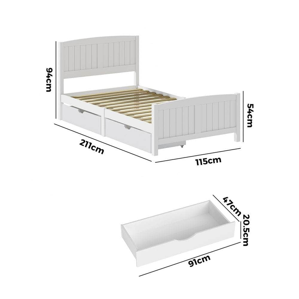 Wooden Bed Frame with Trundle Drawers White